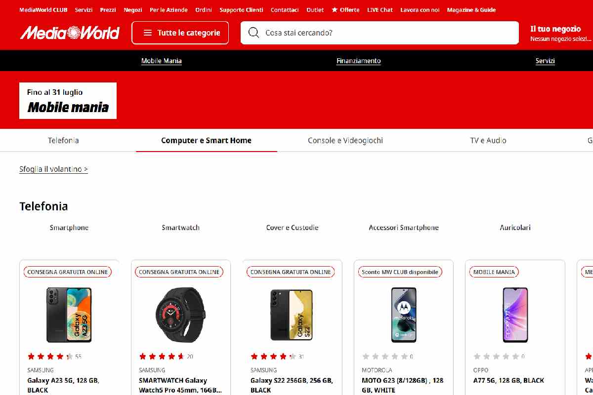 Screenshot dal sito ufficiale di Mediaworld dedicato alla pagina della Mobile Mania con qualche prodotto scontato
