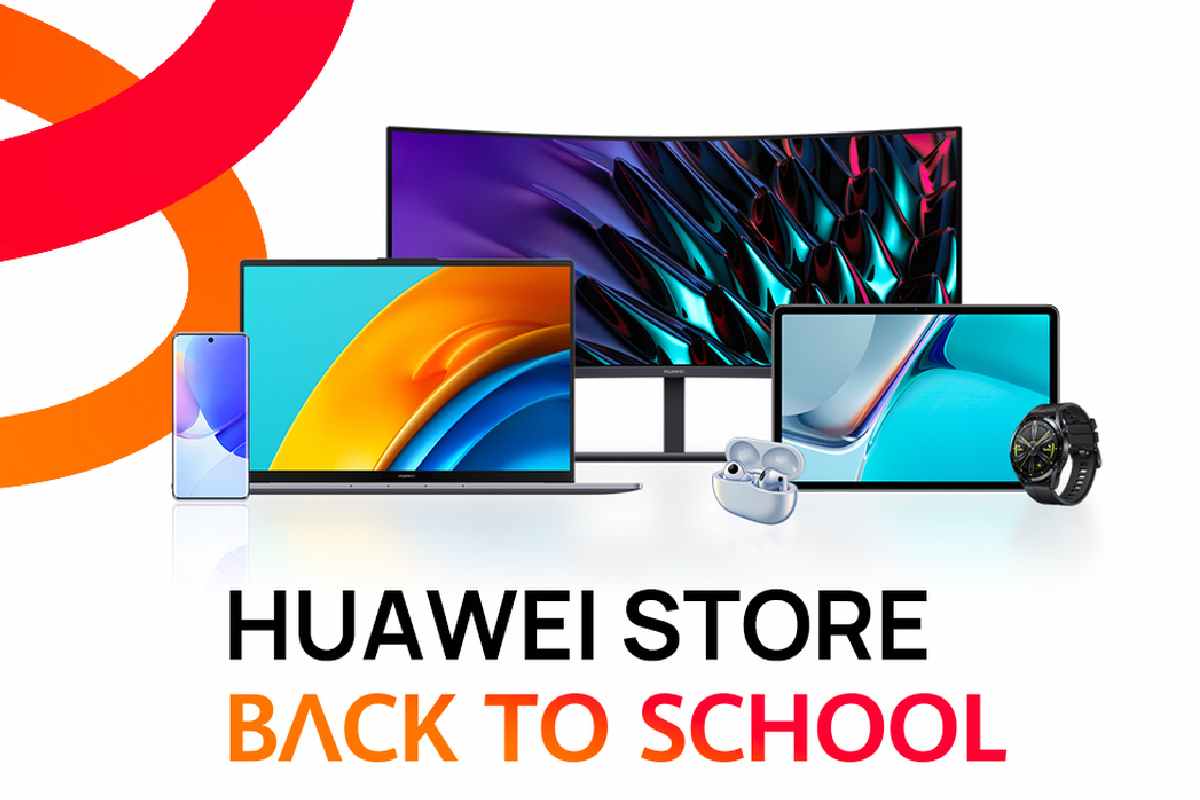 Volantino Huawei del Back to School con schermi coi colori del brand