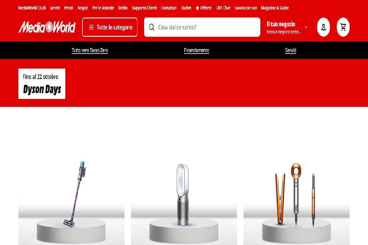 La schermata del sito di Mediaworld dedicata ai Dyson Days